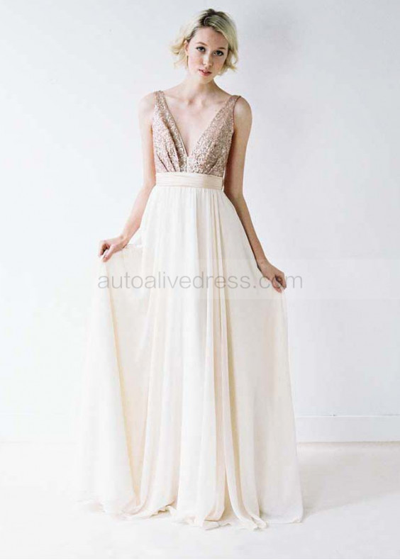 V Neck Rose Gold Sequin Chiffon Stunning Wedding Dress